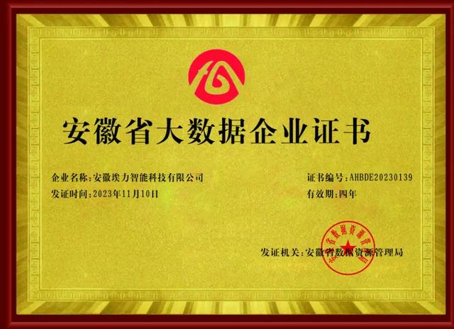 Anhui Big Data Enterprise certificate, issued November 2023