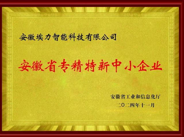 Certificate: Anhui Specialized and Innovative SME, issued by the Anhui Department of Economy and Information Technology, November 2024