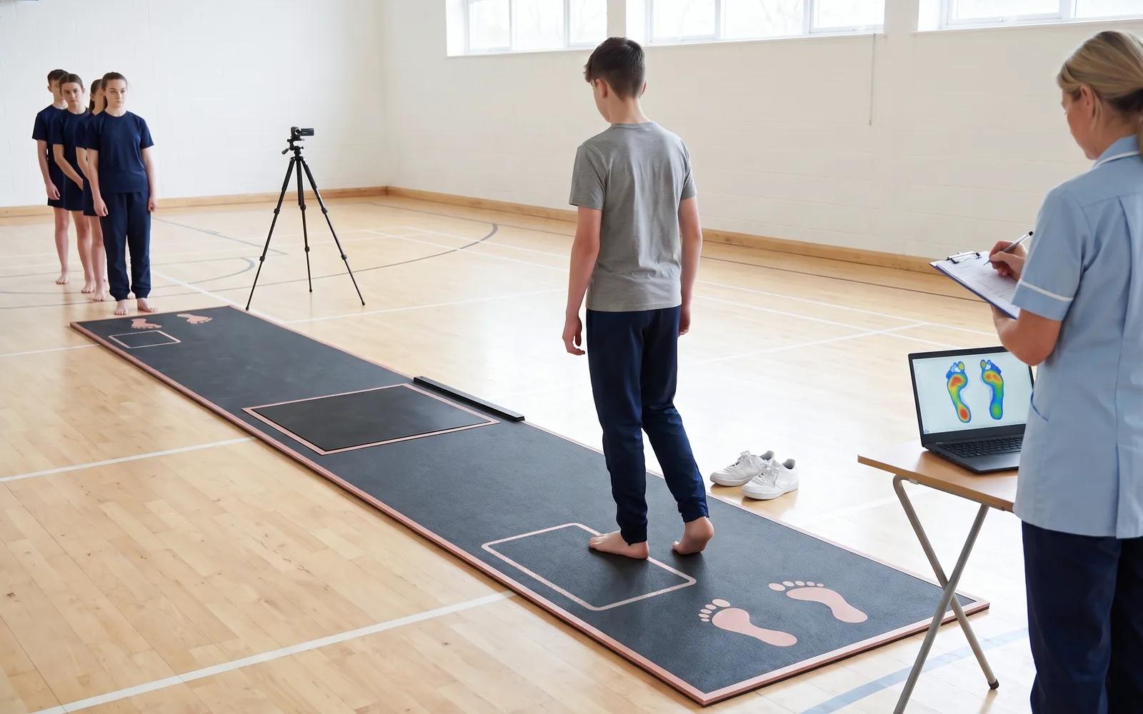 School health check (illustrative scene): in a gymnasium, a walkway mat with foot-position guides lies on the wooden floor with the pressure plate in the middle; a student stands barefoot at the start of the walkway, about to walk towards the plate, while others queue near the far end and a school nurse takes notes on a clipboard beside a laptop, with a tripod camera at the far end facing back along the walkway