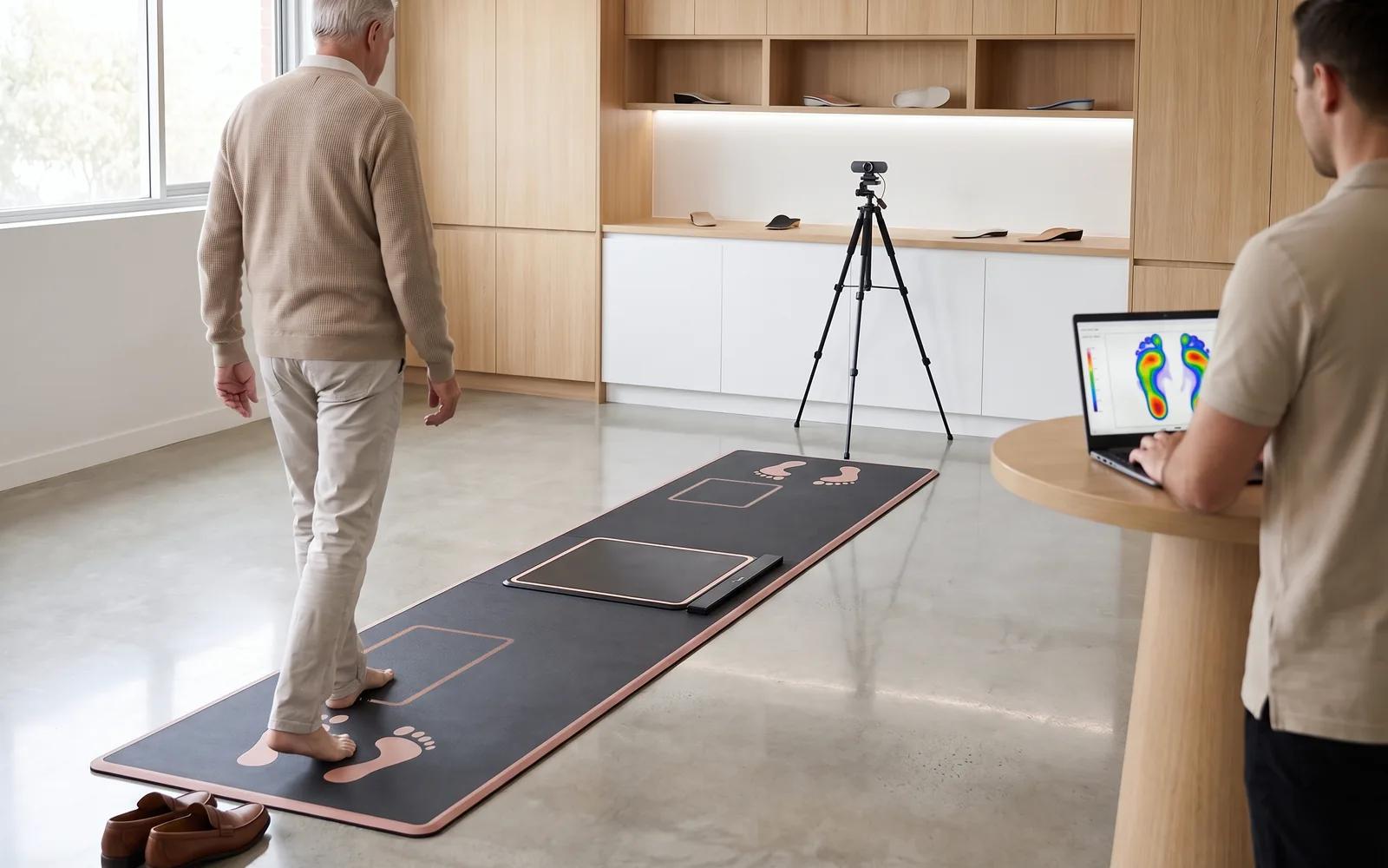 Community health hut (illustrative scene): custom insole samples on wooden shelves, a dark walkway mat with foot-position guides laid across the floor with the pressure plate in the middle; a resident walks barefoot along it while a health advisor reviews the foot-pressure map on a laptop at a round table, with a tripod camera at the far end of the walkway facing back along it